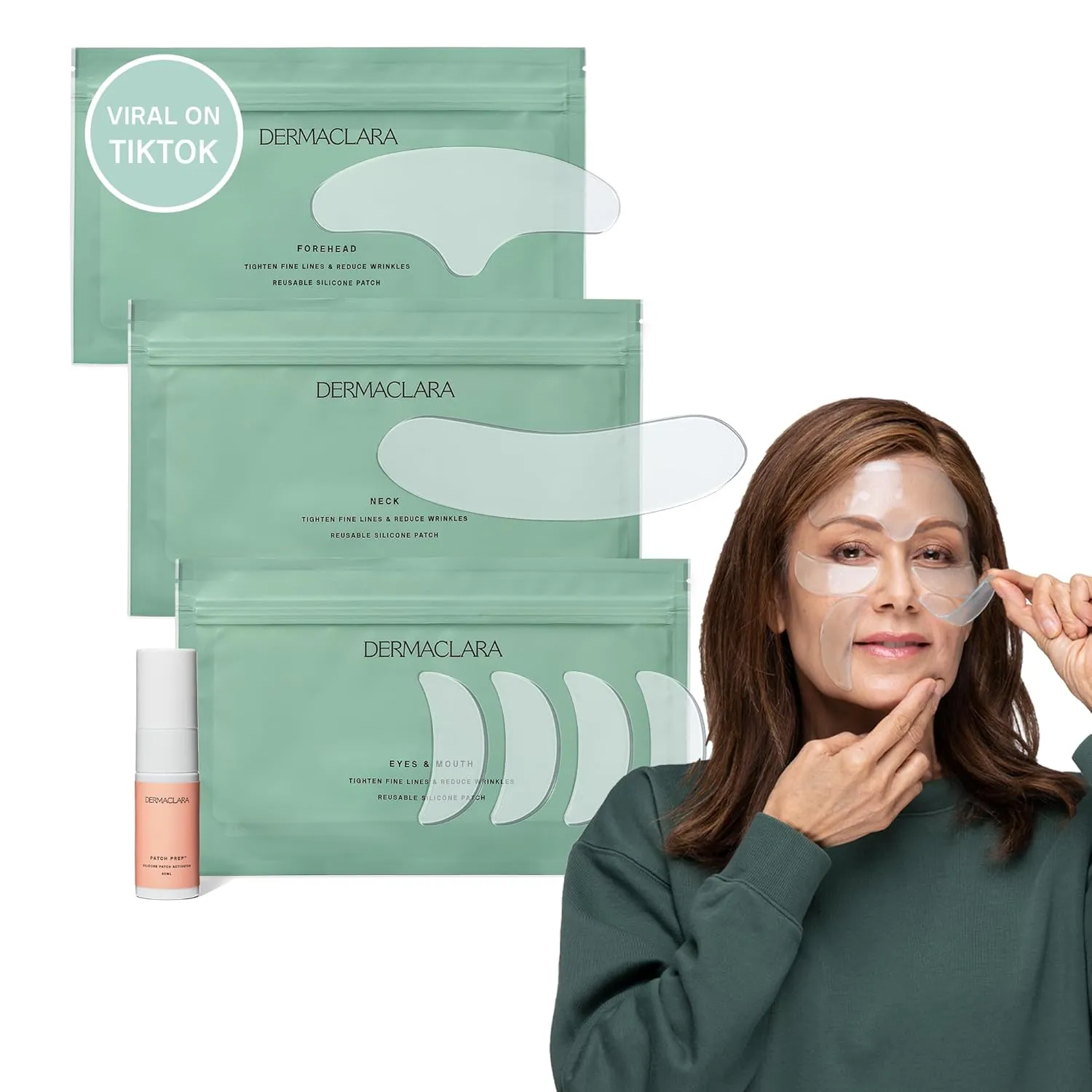 Dermaclara Face Patches Kit - Anti Wrinkle Patches for Forehead, Smile Lines, Silicone Anti-Wrinkle Frown Line Treatment, Up to 30 Uses - 1 Forehead, 2 Mouth, 2 Eye, 1 Neck & 1 Patch Prep Cleanser