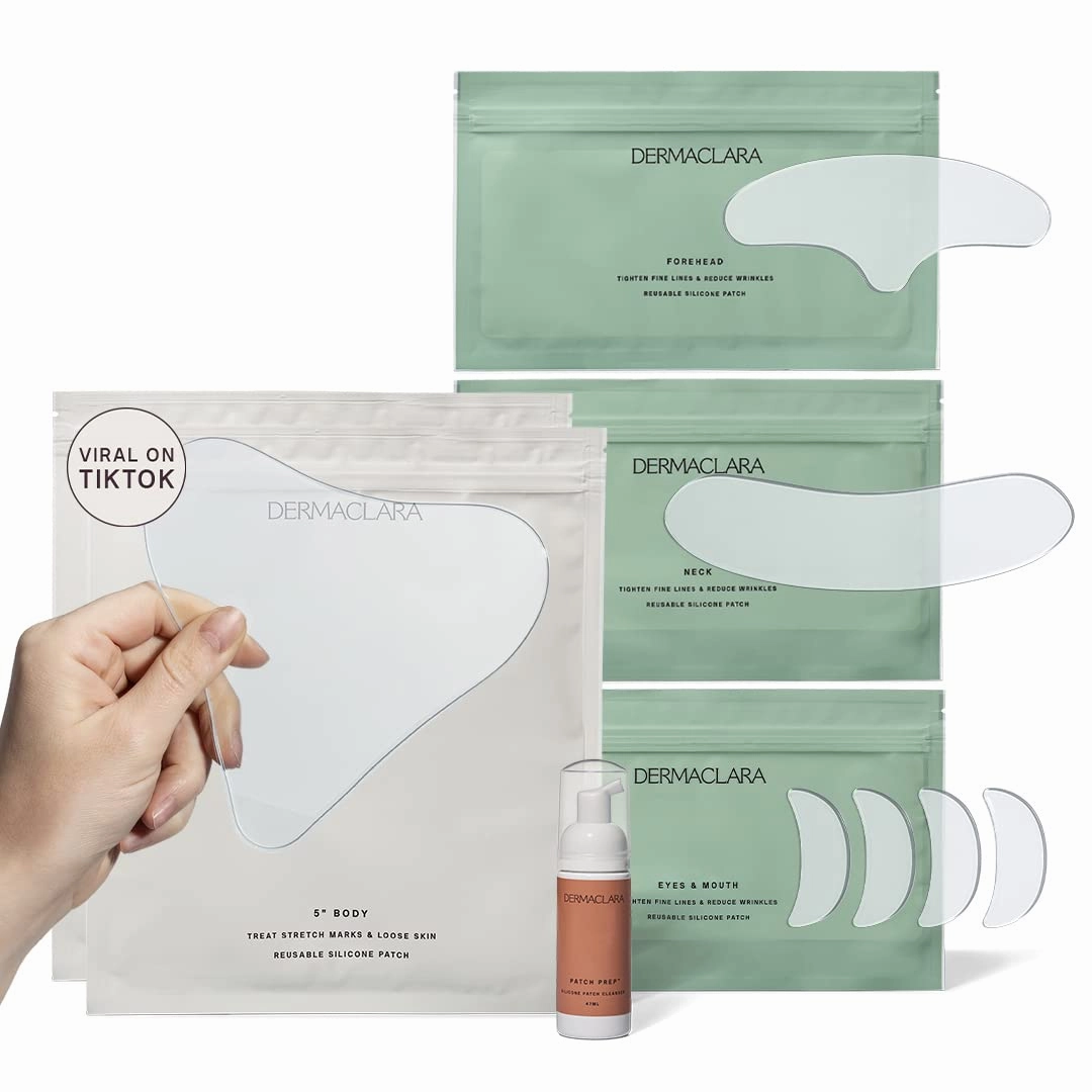 Dermaclara Face Patches Kit - Anti Wrinkle Patches for Forehead, Smile Lines, Silicone Anti-Wrinkle Reusable Pads, Up to 30 Uses - 1 Forehead, 4 Eye & Mouth, 1 Neck, 2 Chest & 1 Patch Prep Cleanser