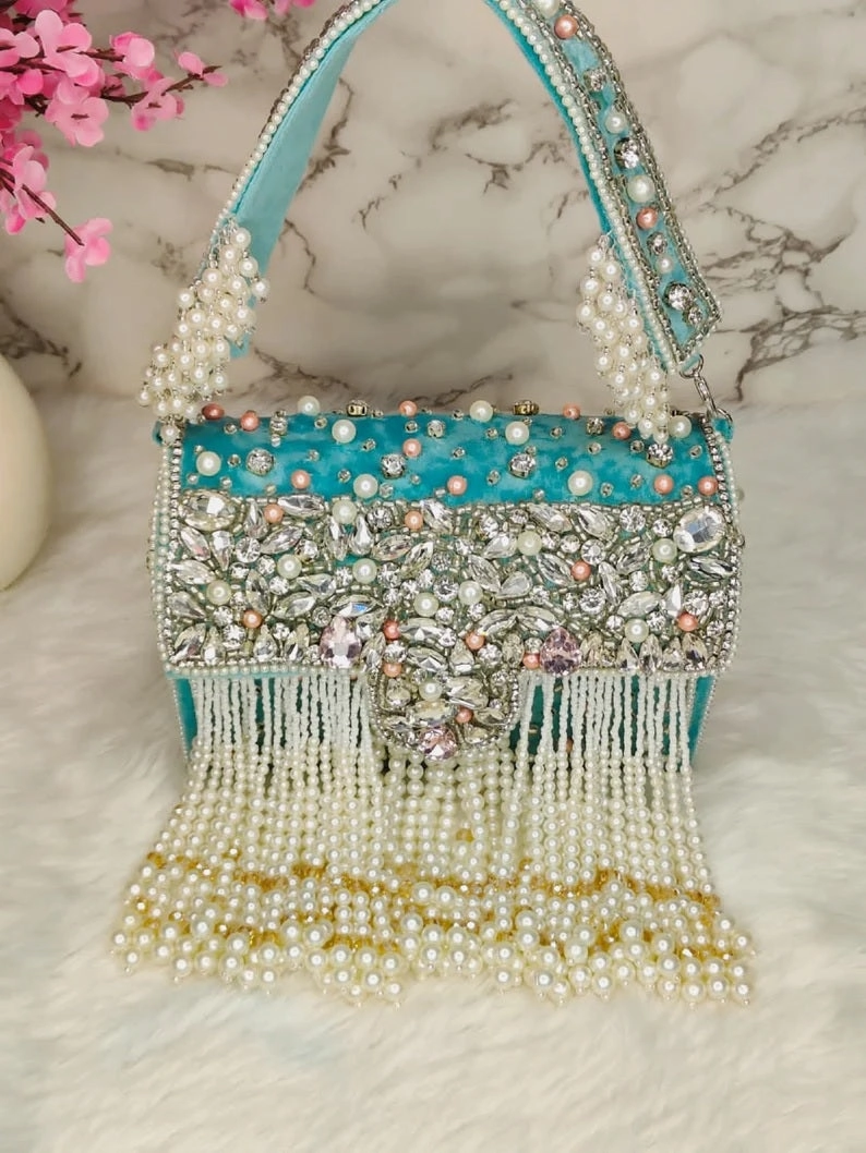 Designer Crystal and Pearl Work Flap Clutch