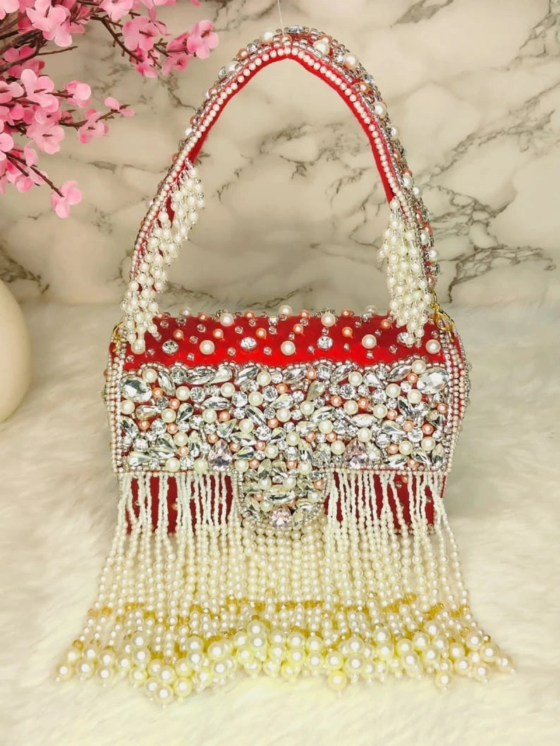 Designer Crystal and Pearl Work Flap Clutch