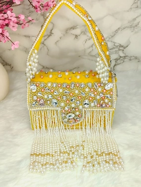 Designer Crystal and Pearl Work Flap Clutch