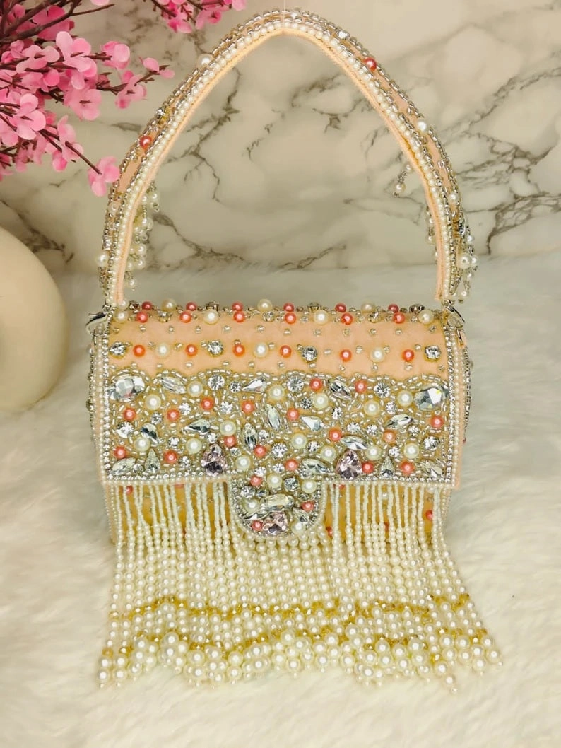 Designer Crystal and Pearl Work Flap Clutch