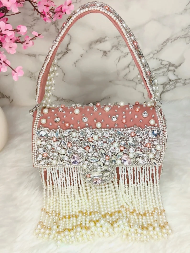 Designer Crystal and Pearl Work Flap Clutch