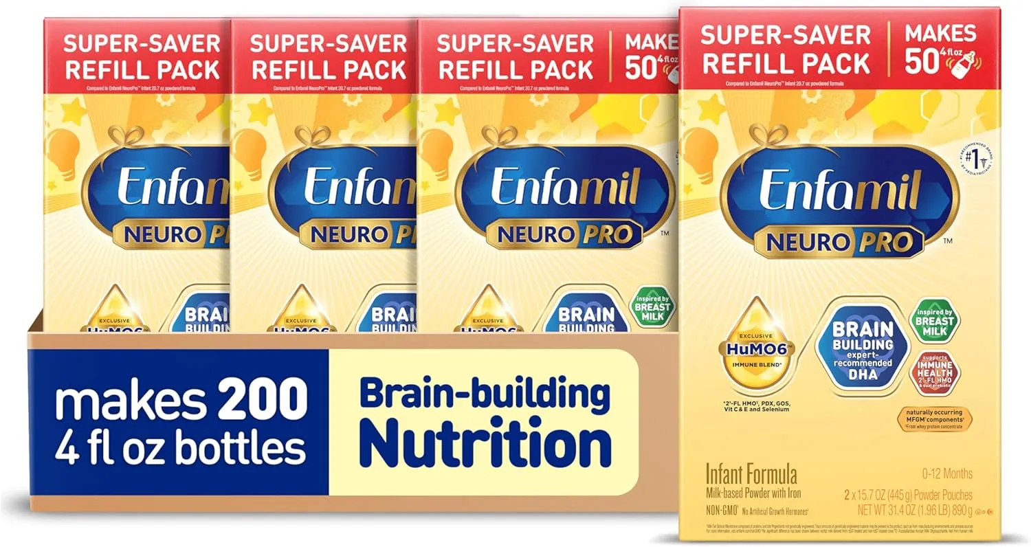 Enfamil NeuroPro Baby Formula, MFGM* 5-Year Benefit, Expert-Recommended Brain-Building Omega-3 DHA, Exclusive Immune Supporting HuMO6 Blend, Infant Formula Powder, Baby Milk, 31.4 Oz, Pack of 4