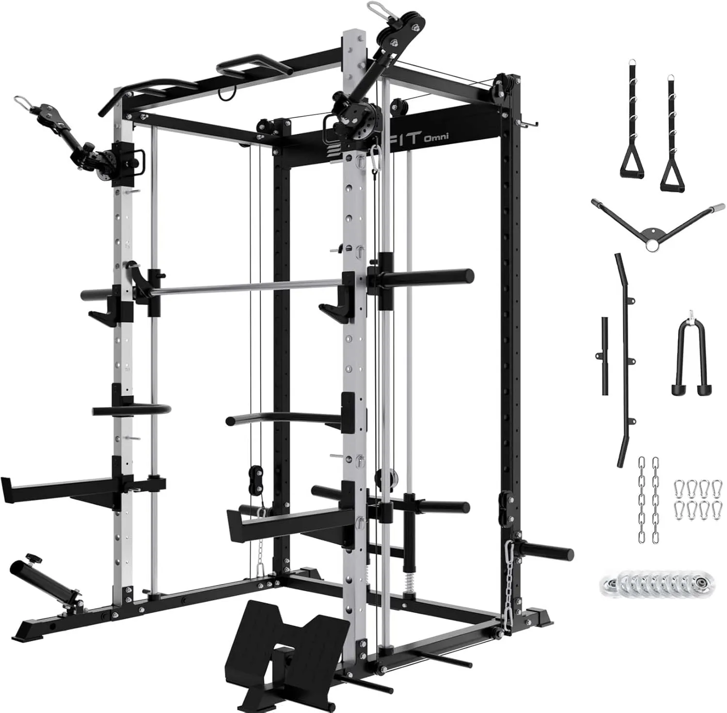 Eonfit E3 Smith Machine for Home Gym Equipment, Multi-Function Power Cage Squat Rack with Cable Crossover LAT Pulldown Pulley System All in One