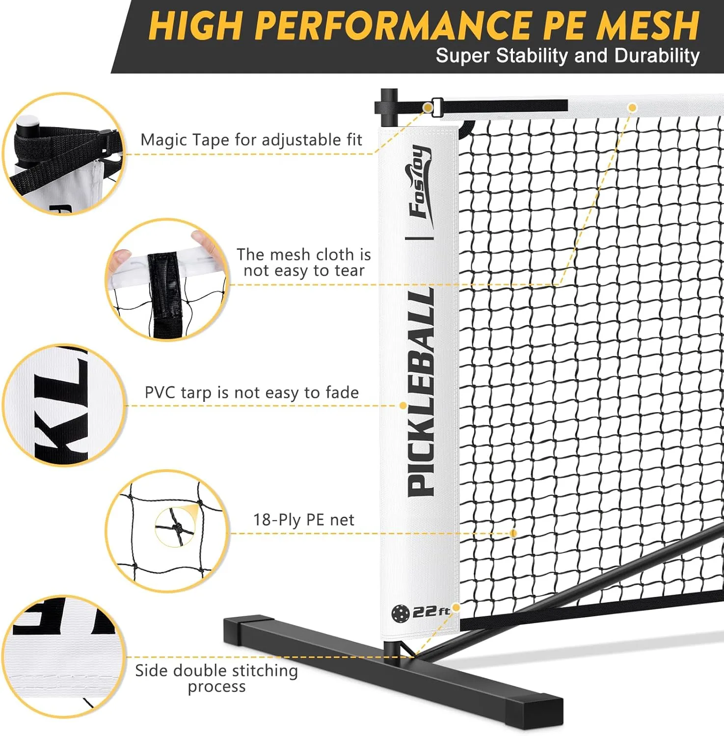 Fostoy Portable Pickleball Net Set, 22FT Regulation Size 18-Ply PE Pickleball Net,Carry Bag, Weather Resistant Steady Metal Frame Easy Setup for Outdoor Indoor
