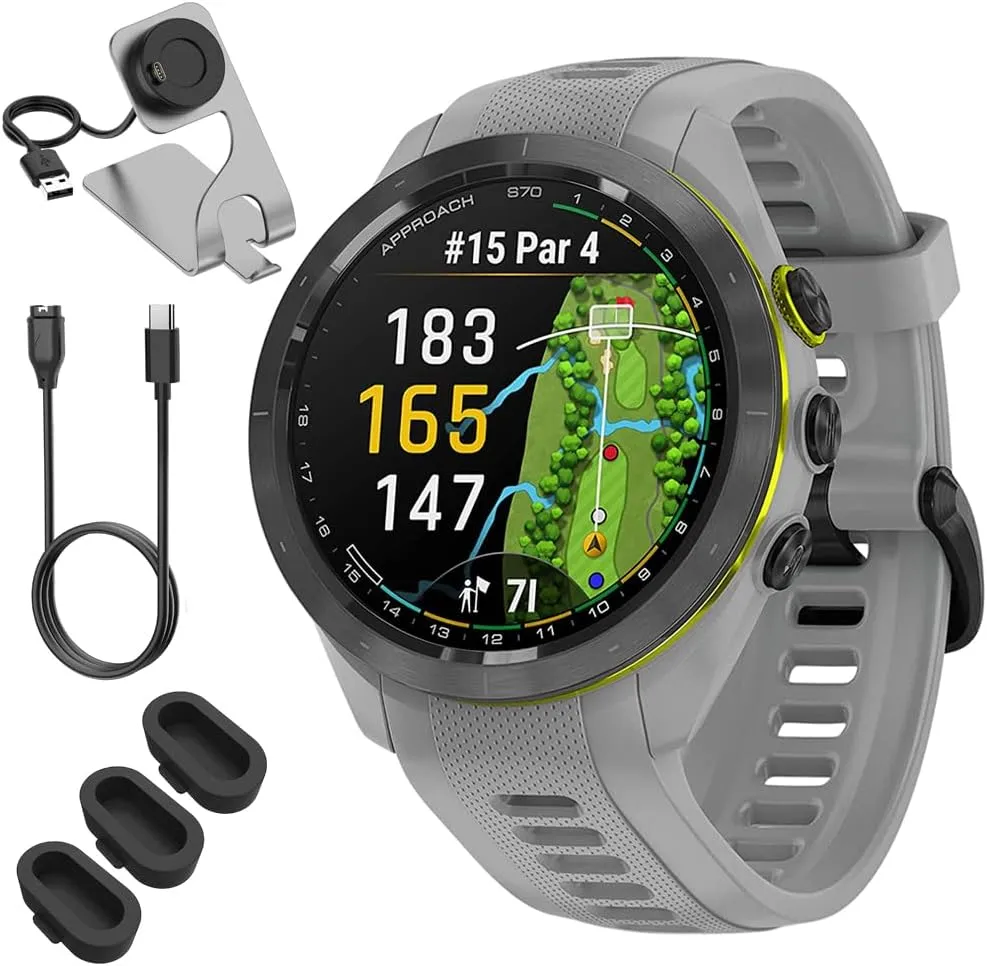 Garmin 010-02746-01 Approach S70 42 mm Premium GPS Golf Watch, Powder Grey Band Bundle with Deco Essentials Charging Dock, 3X Silicone Dust Cover and USB Type C Charging and Sync Cable