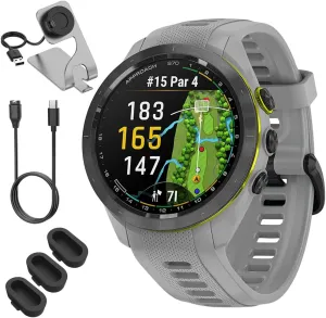 Garmin 010-02746-01 Approach S70 42 mm Premium GPS Golf Watch, Powder Grey Band Bundle with Deco Essentials Charging Dock, 3X Silicone Dust Cover and USB Type C Charging and Sync Cable