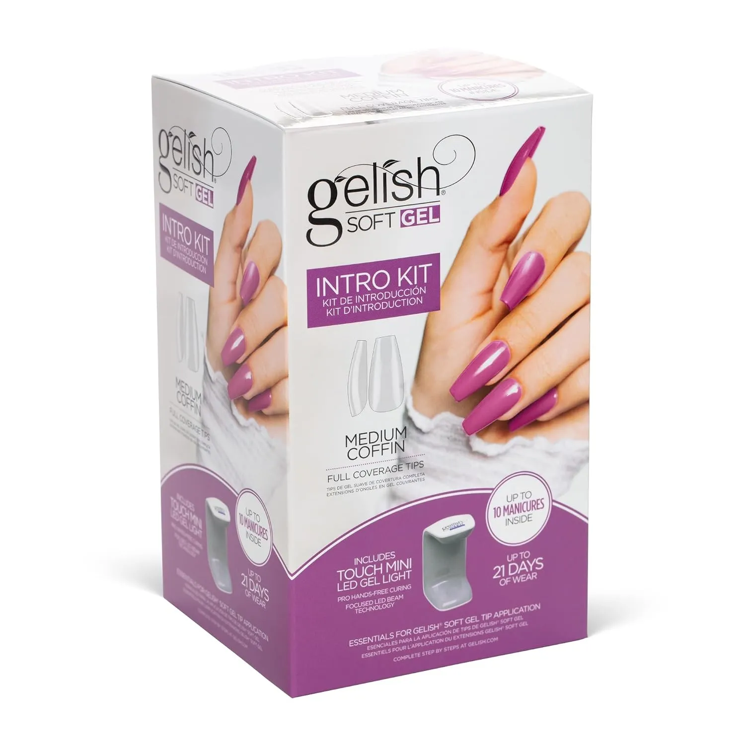 Gelish Soft Gel Intro Starter Kit – Full Coverage Press On Tips, LED Nail Lamp, Long-Lasting, Fast Application, No Chip, At-Home Gel Nails, Easy to Use (Medium Coffin Kit)