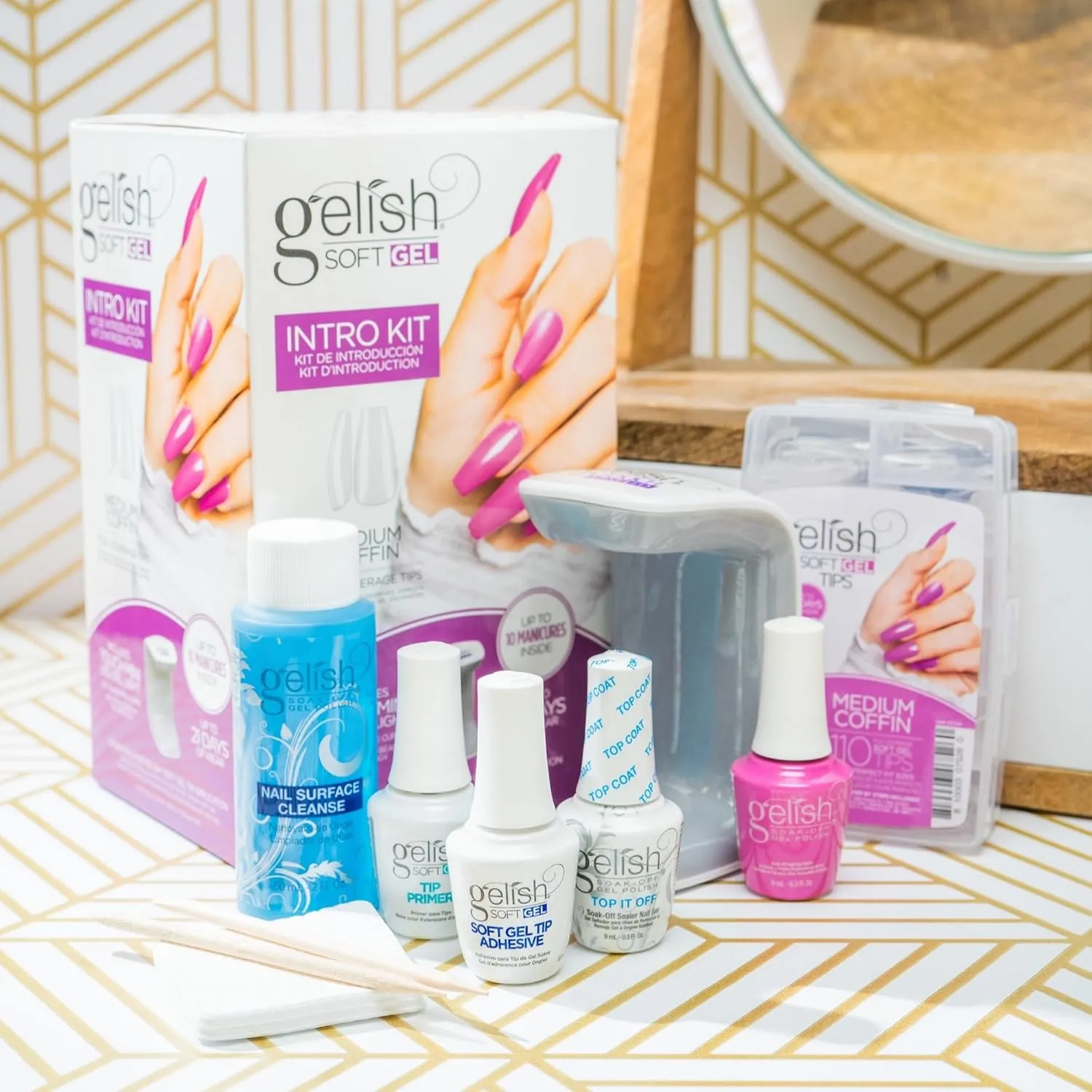 Gelish Soft Gel Intro Starter Kit – Full Coverage Press On Tips, LED Nail Lamp, Long-Lasting, Fast Application, No Chip, At-Home Gel Nails, Easy to Use (Medium Coffin Kit)