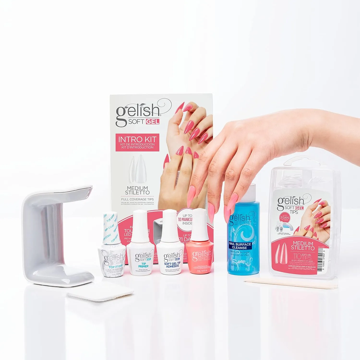 Gelish Soft Gel Intro Starter Kit – Full Coverage Press On Tips, LED Nail Lamp, Long-Lasting, Fast Application, No Chip, At-Home Gel Nails, Easy to Use (Medium Stiletto Kit)