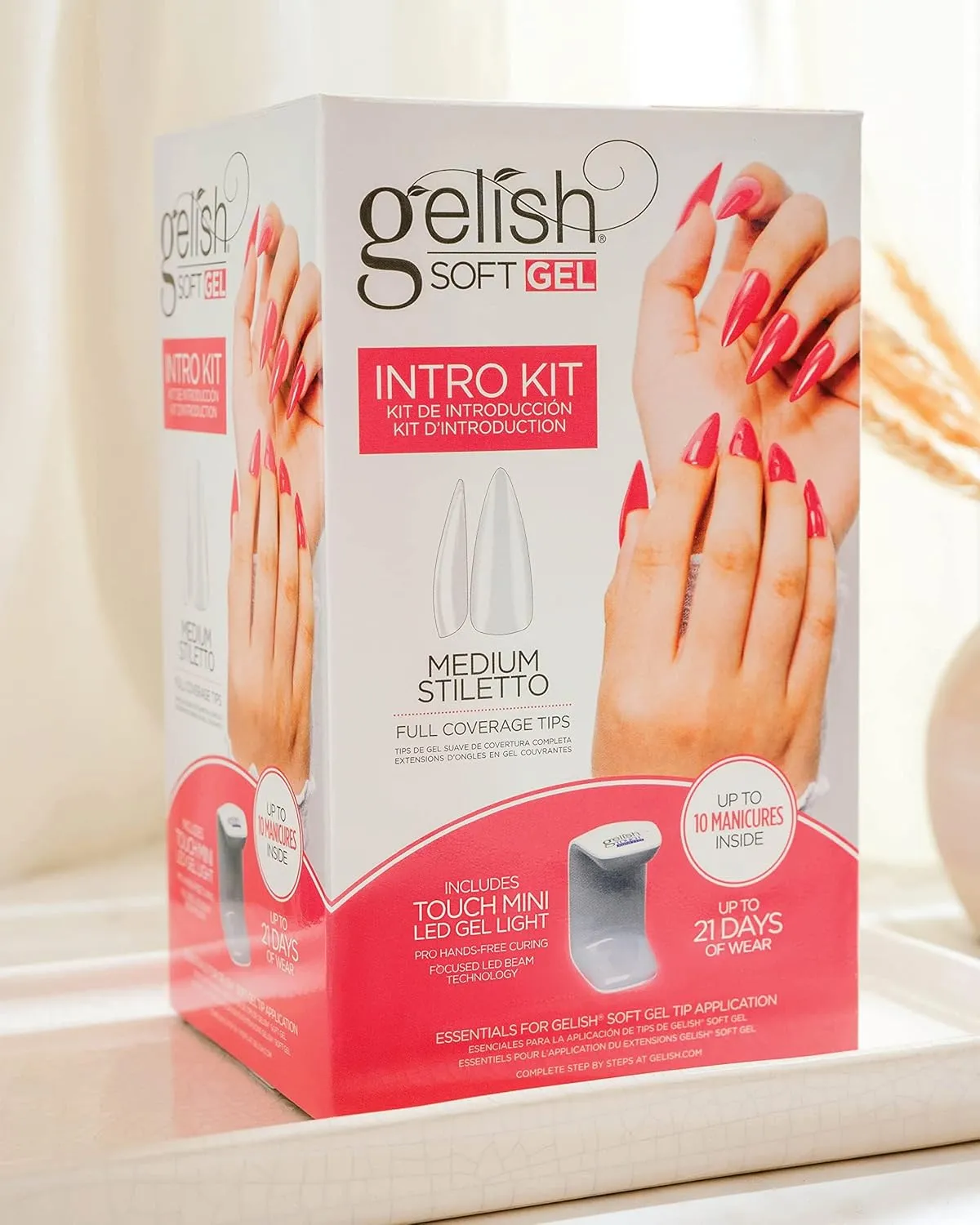 Gelish Soft Gel Intro Starter Kit – Full Coverage Press On Tips, LED Nail Lamp, Long-Lasting, Fast Application, No Chip, At-Home Gel Nails, Easy to Use (Medium Stiletto Kit)