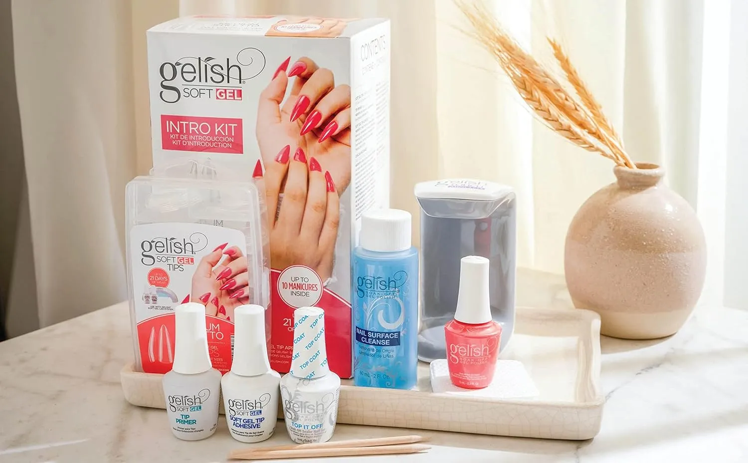 Gelish Soft Gel Intro Starter Kit – Full Coverage Press On Tips, LED Nail Lamp, Long-Lasting, Fast Application, No Chip, At-Home Gel Nails, Easy to Use (Medium Stiletto Kit)