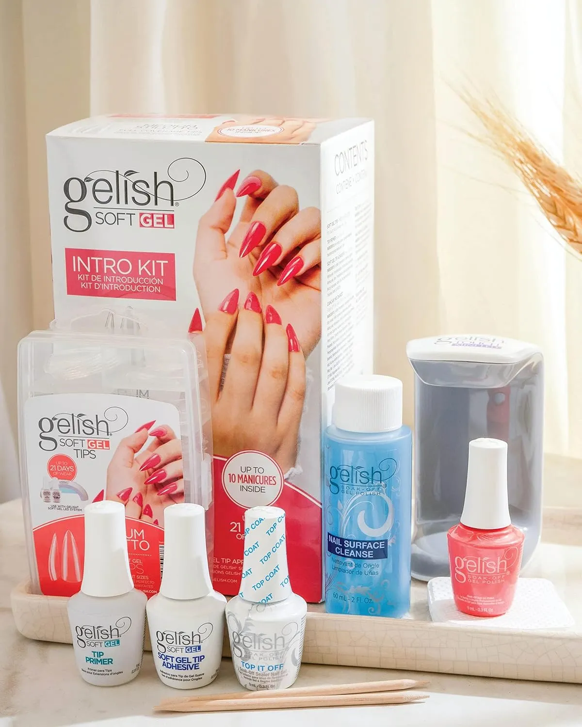 Gelish Soft Gel Intro Starter Kit – Full Coverage Press On Tips, LED Nail Lamp, Long-Lasting, Fast Application, No Chip, At-Home Gel Nails, Easy to Use (Medium Stiletto Kit)
