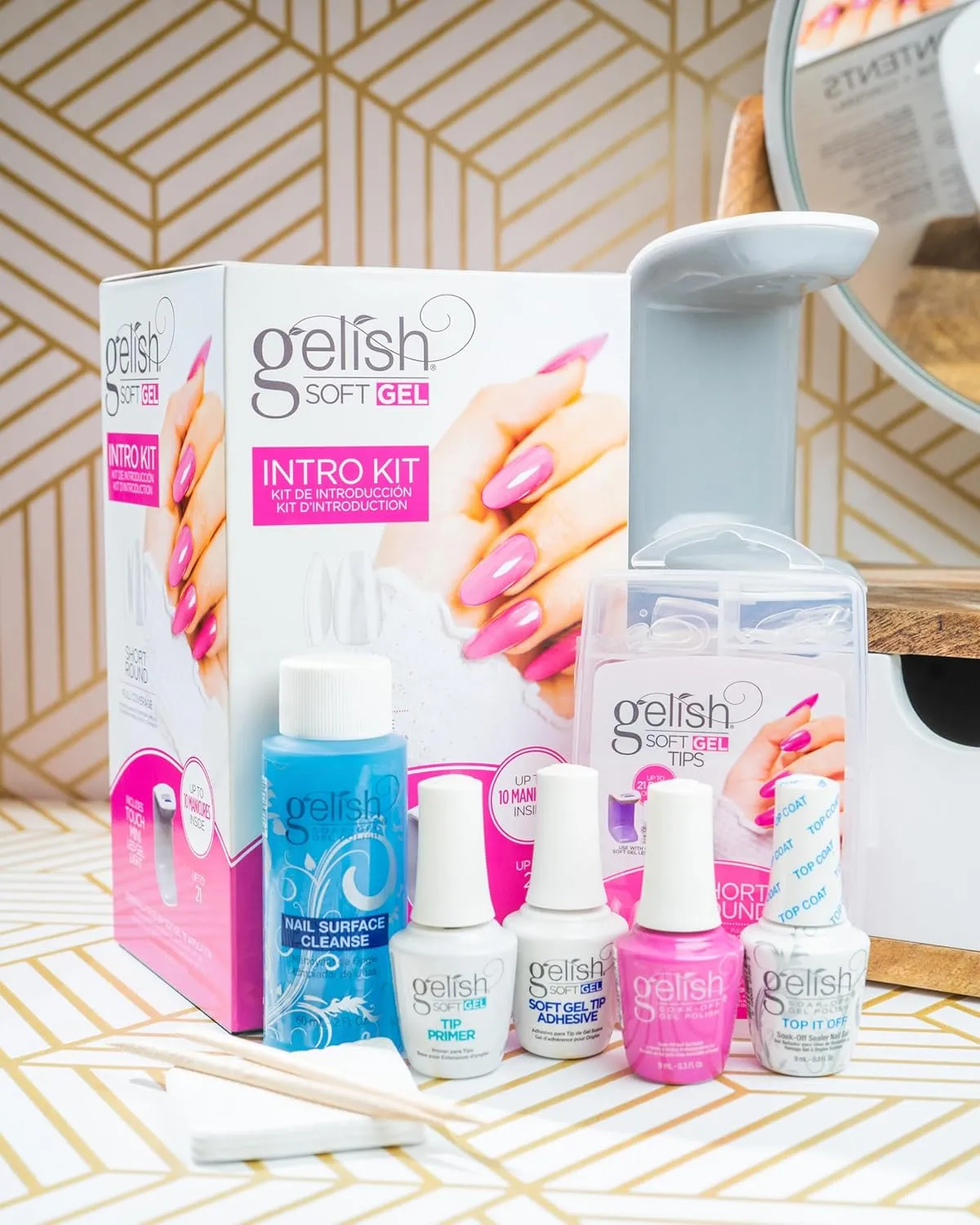 Gelish Soft Gel Intro Starter Kit – Full Coverage Press On Tips, LED Nail Lamp, Long-Lasting, Fast Application, No Chip, At-Home Gel Nails, Easy to Use (Short Round Kit)