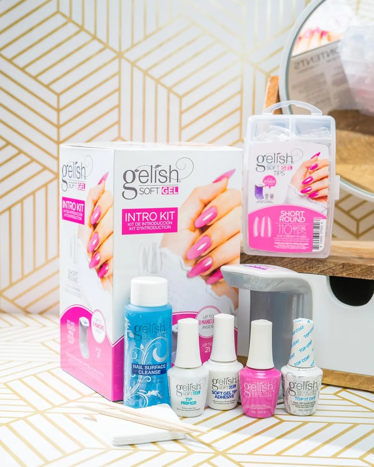 Gelish Soft Gel Intro Starter Kit – Full Coverage Press On Tips, LED Nail Lamp, Long-Lasting, Fast Application, No Chip, At-Home Gel Nails, Easy to Use (Short Round Kit)