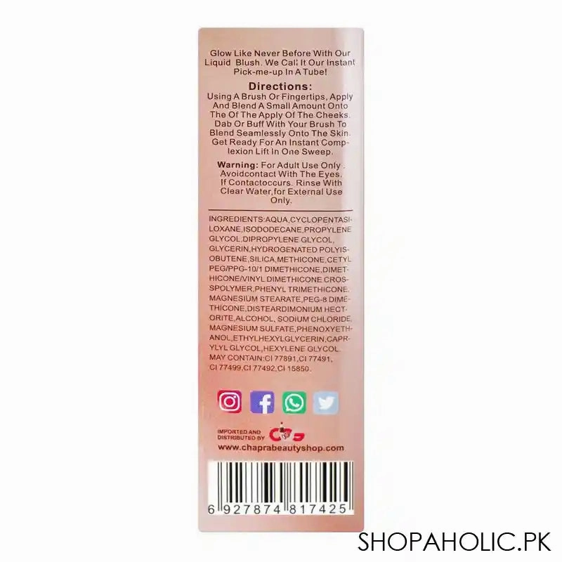 Glamorous Face Liquid Blush Rosy Glow Cream, 05 GF8058, 12ml