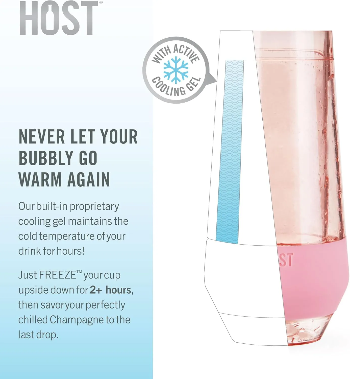 HOST Champagne Freeze Double-Walled Stemless Wine Glasses Freezer Cooling Cups with Active Cooling Gel and Insulated Silicone Grip, 9 Oz Plastic Tumblers, Blush Tint, Set of 2