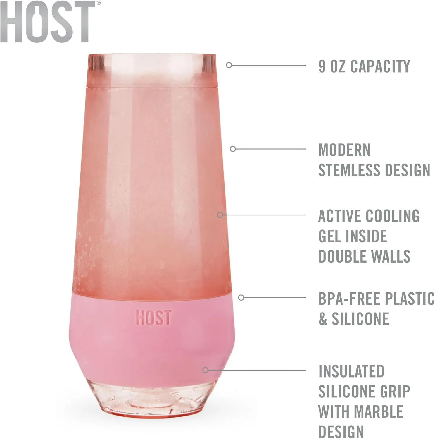 HOST Champagne Freeze Double-Walled Stemless Wine Glasses Freezer Cooling Cups with Active Cooling Gel and Insulated Silicone Grip, 9 Oz Plastic Tumblers, Blush Tint, Set of 2