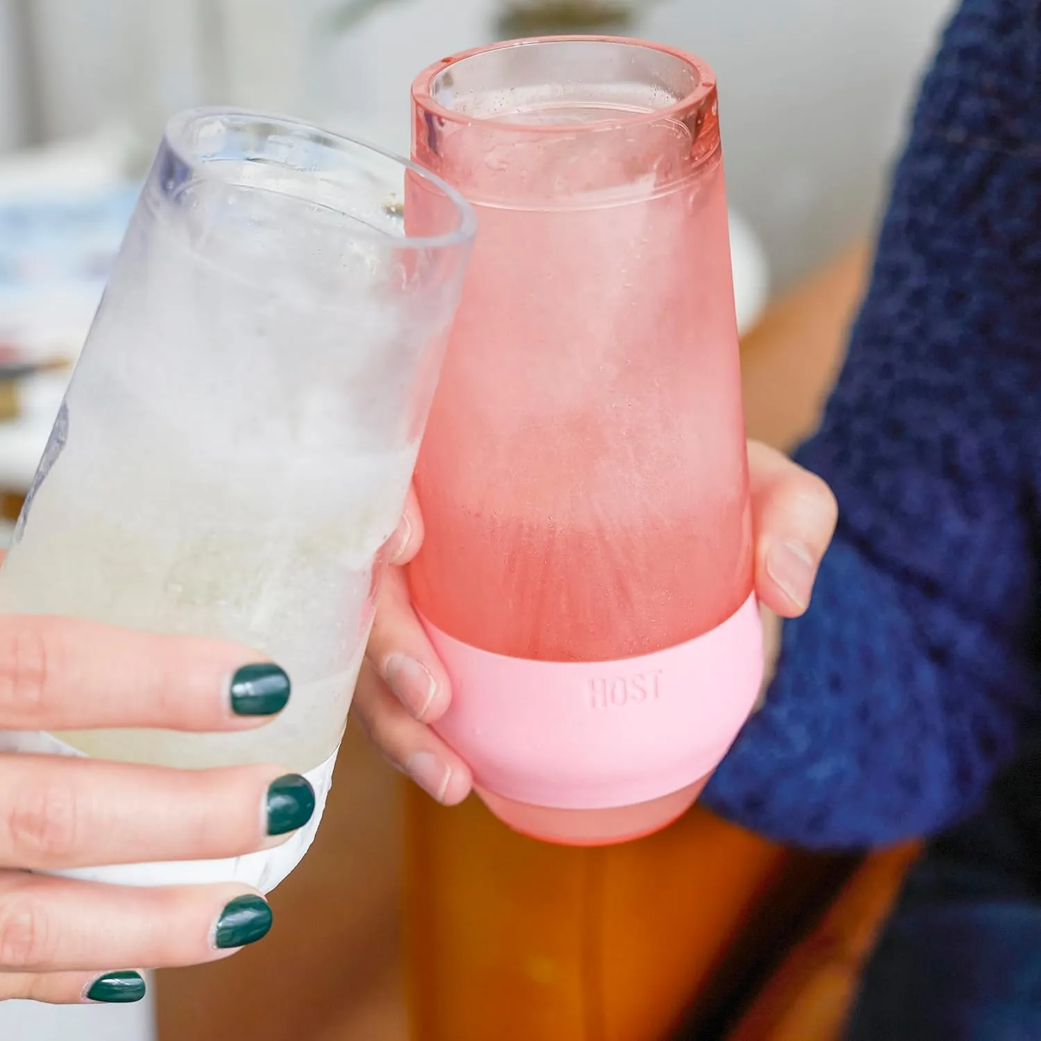 HOST Champagne Freeze Double-Walled Stemless Wine Glasses Freezer Cooling Cups with Active Cooling Gel and Insulated Silicone Grip, 9 Oz Plastic Tumblers, Blush Tint, Set of 2