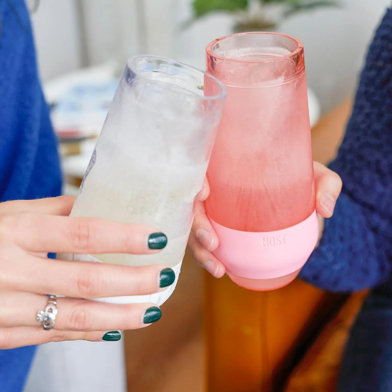 HOST Champagne Freeze Double-Walled Stemless Wine Glasses Freezer Cooling Cups with Active Cooling Gel and Insulated Silicone Grip, 9 Oz Plastic Tumblers, Blush Tint, Set of 2
