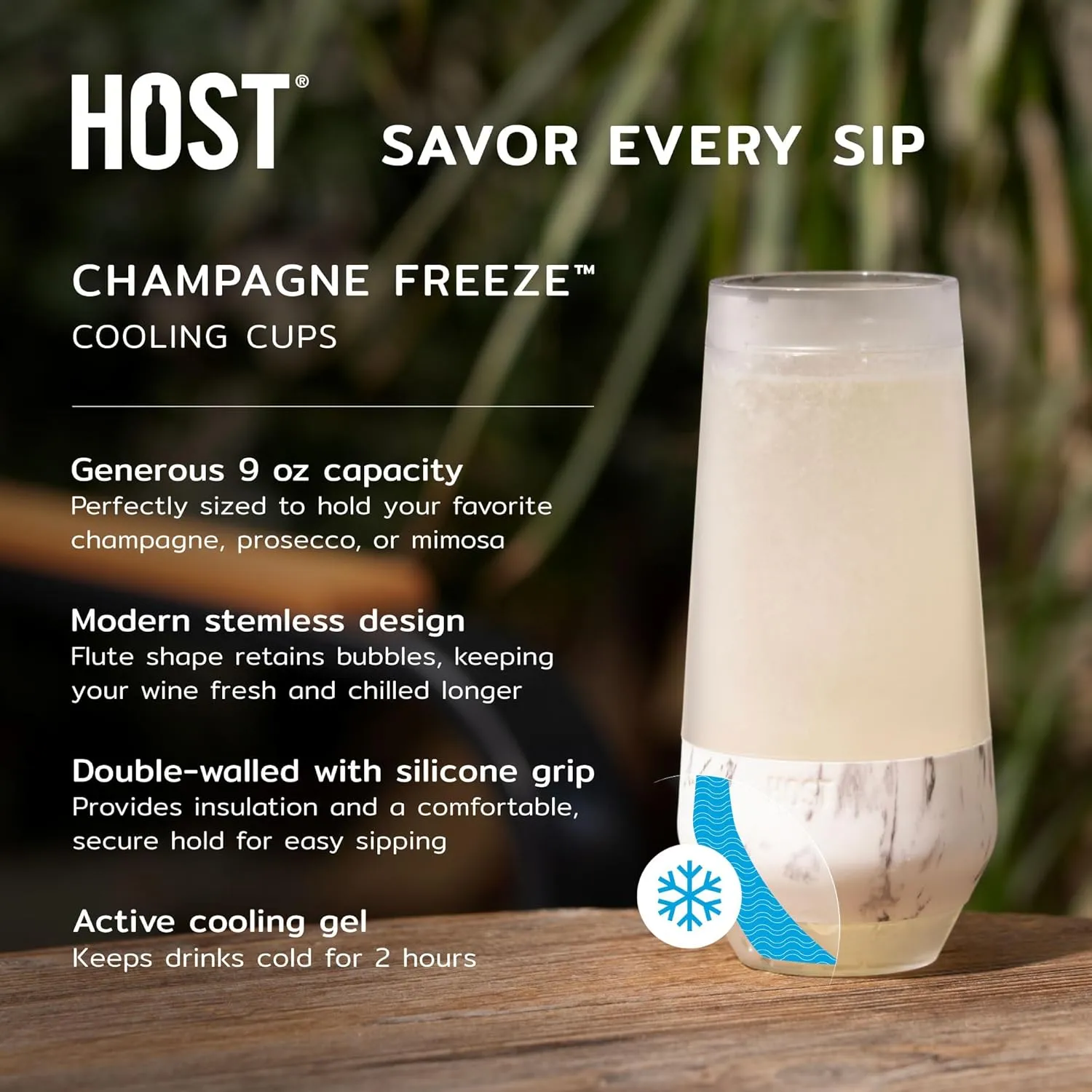 HOST Champagne Freeze Double-Walled Stemless Wine Glasses Freezer Cooling Cups with Active Cooling Gel and Insulated Silicone Grip, 9 Oz Plastic Tumblers, Blush Tint, Set of 2