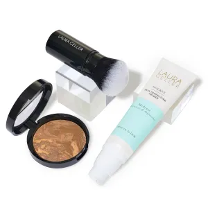 LAURA GELLER NEW YORK Laura's Must-Haves Kit 3pc: Baked Balance-n-Brighten Powder Foundation, Sand   Spackle Skin Perfecting Makeup Primer, Hydrate   Airbrush Round Kabuki Brush