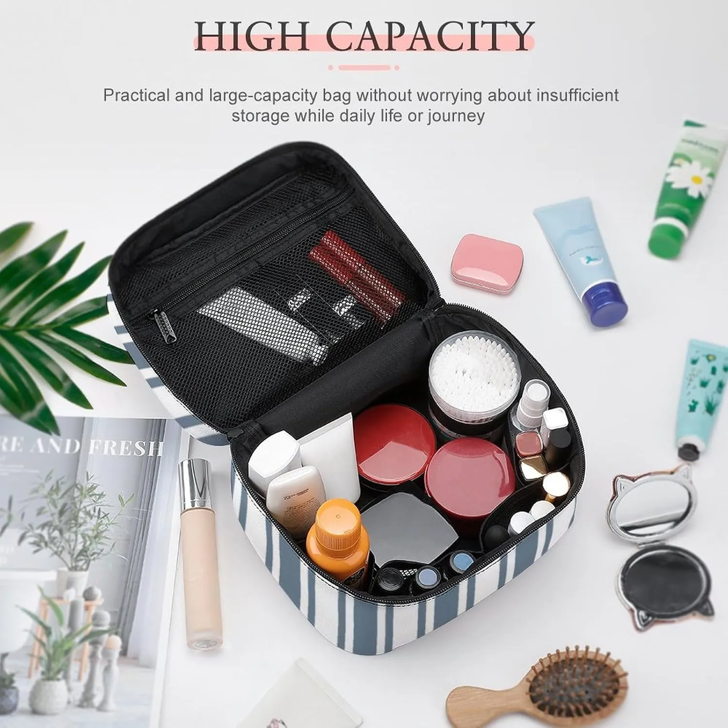 Leather Portable Makeup Bag, Blue-Grey and White Candy Stripes Travel Cosmetic Bag Makeup Organizer Case Large Capacity Zipper Toiletry Bag for Women