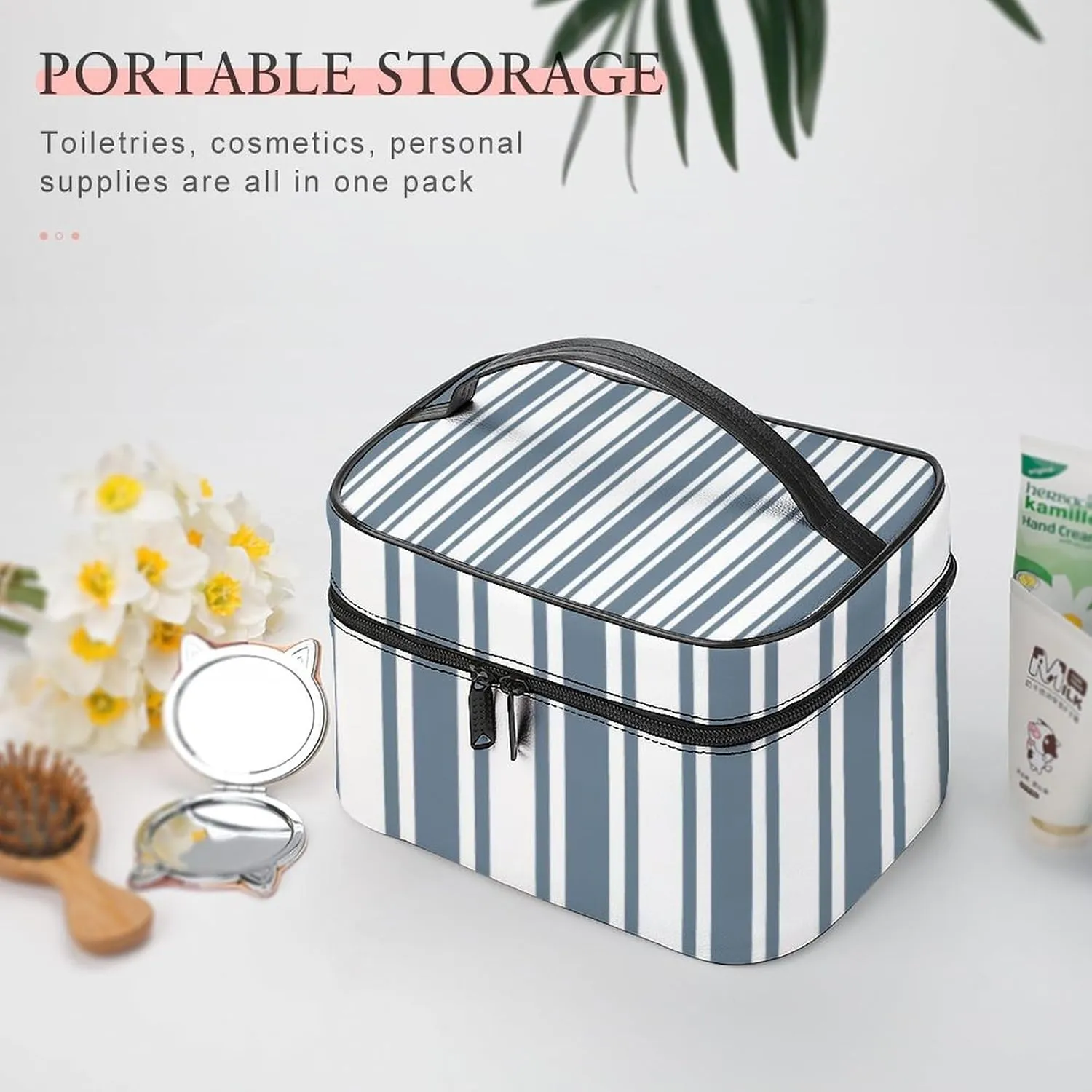 Leather Portable Makeup Bag, Blue-Grey and White Candy Stripes Travel Cosmetic Bag Makeup Organizer Case Large Capacity Zipper Toiletry Bag for Women
