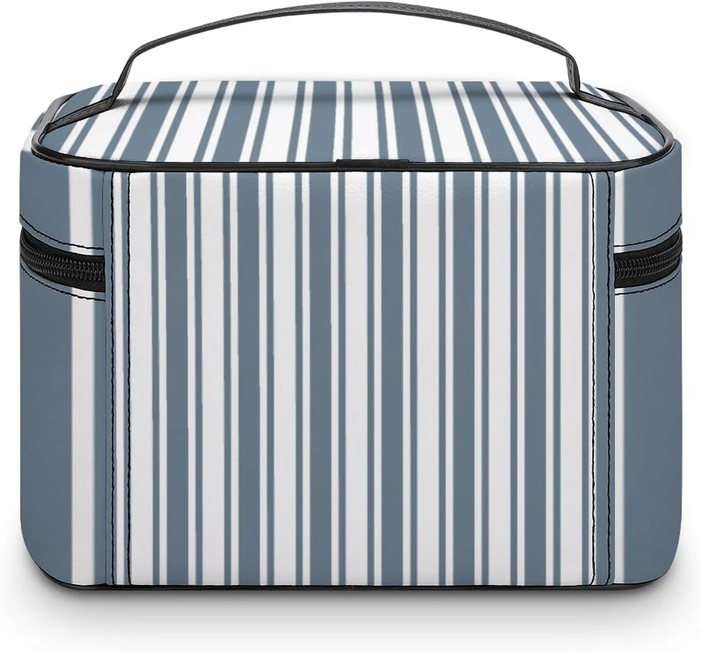 Leather Portable Makeup Bag, Blue-Grey and White Candy Stripes Travel Cosmetic Bag Makeup Organizer Case Large Capacity Zipper Toiletry Bag for Women