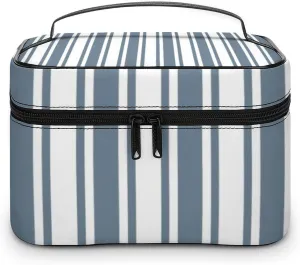 Leather Portable Makeup Bag, Blue-Grey and White Candy Stripes Travel Cosmetic Bag Makeup Organizer Case Large Capacity Zipper Toiletry Bag for Women