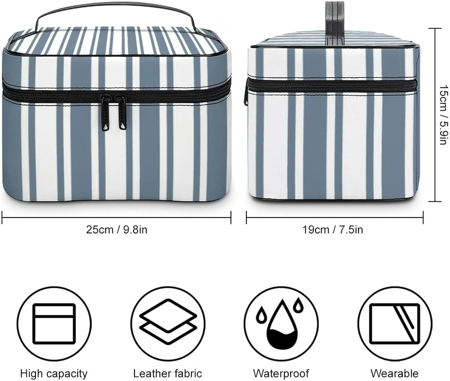 Leather Portable Makeup Bag, Blue-Grey and White Candy Stripes Travel Cosmetic Bag Makeup Organizer Case Large Capacity Zipper Toiletry Bag for Women