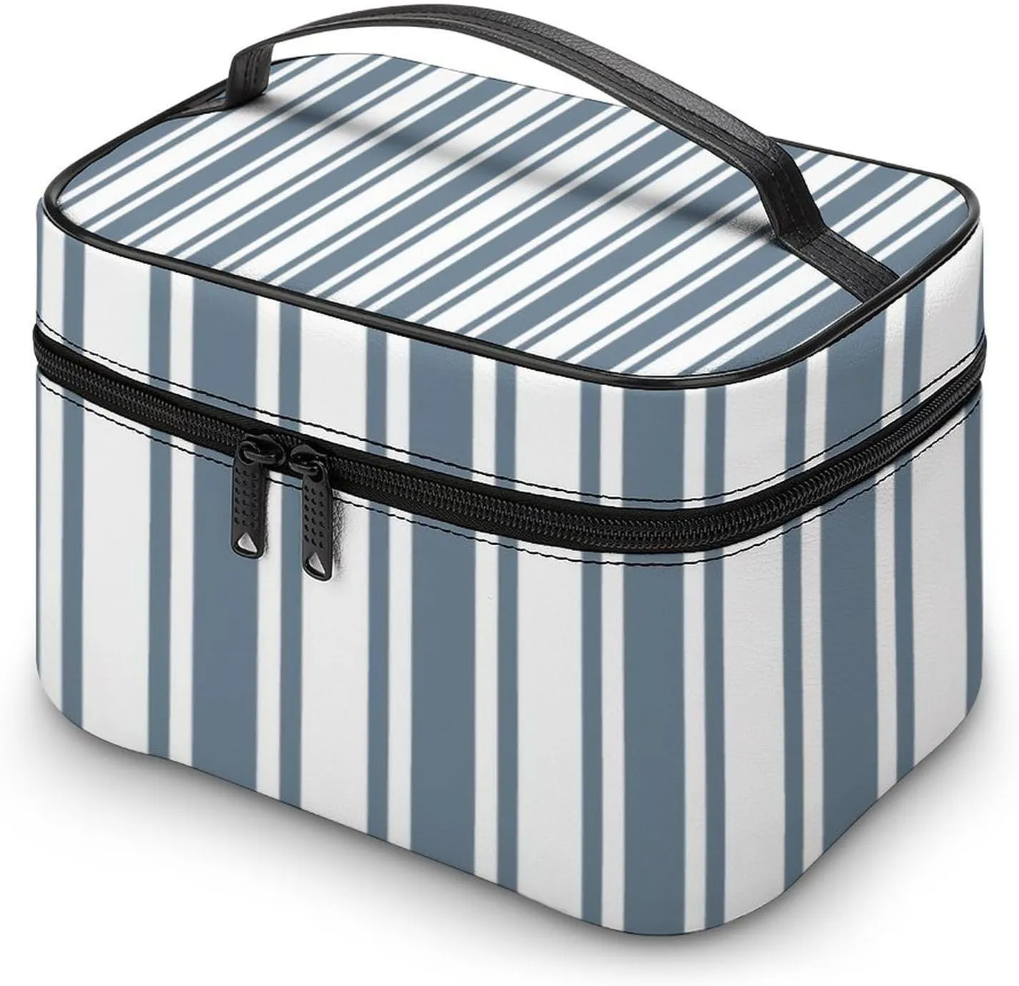 Leather Portable Makeup Bag, Blue-Grey and White Candy Stripes Travel Cosmetic Bag Makeup Organizer Case Large Capacity Zipper Toiletry Bag for Women