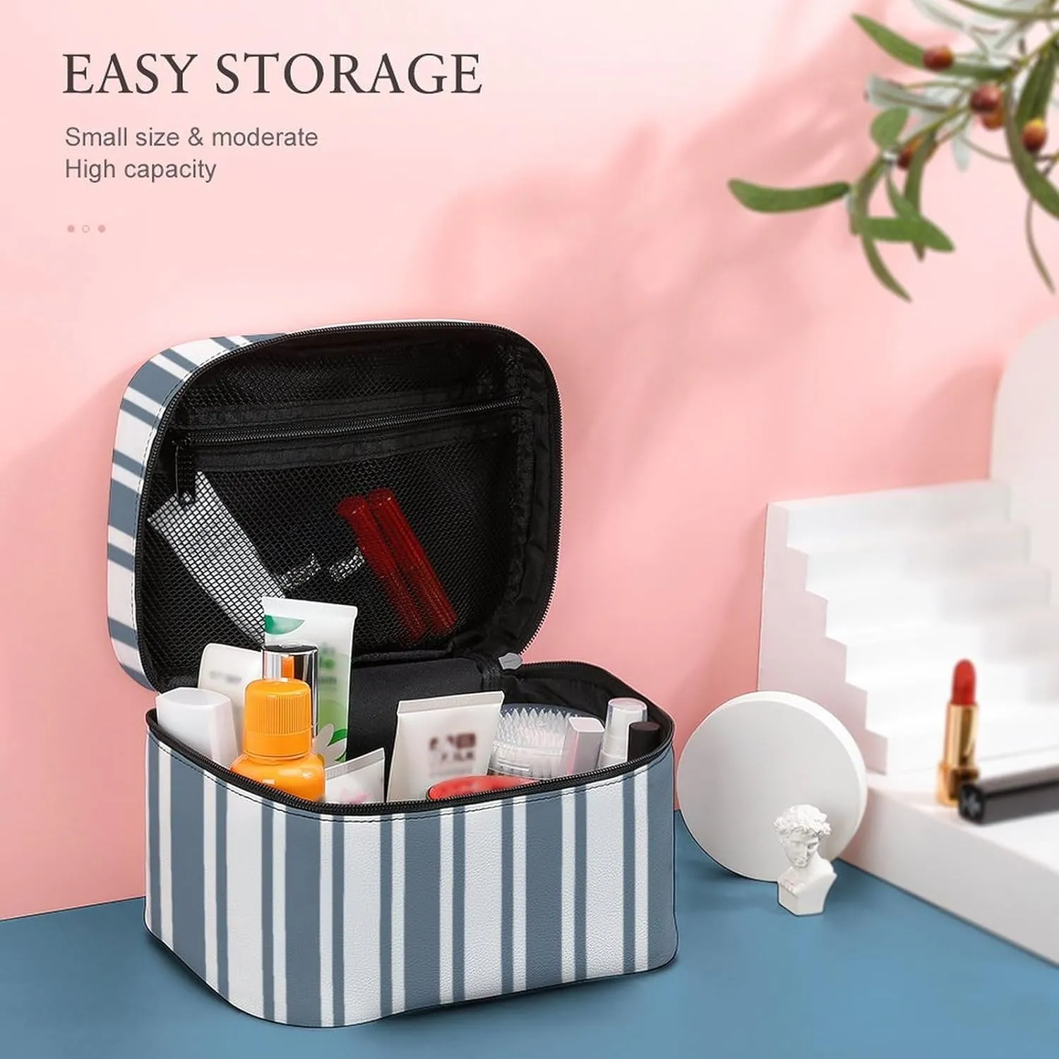 Leather Portable Makeup Bag, Blue-Grey and White Candy Stripes Travel Cosmetic Bag Makeup Organizer Case Large Capacity Zipper Toiletry Bag for Women