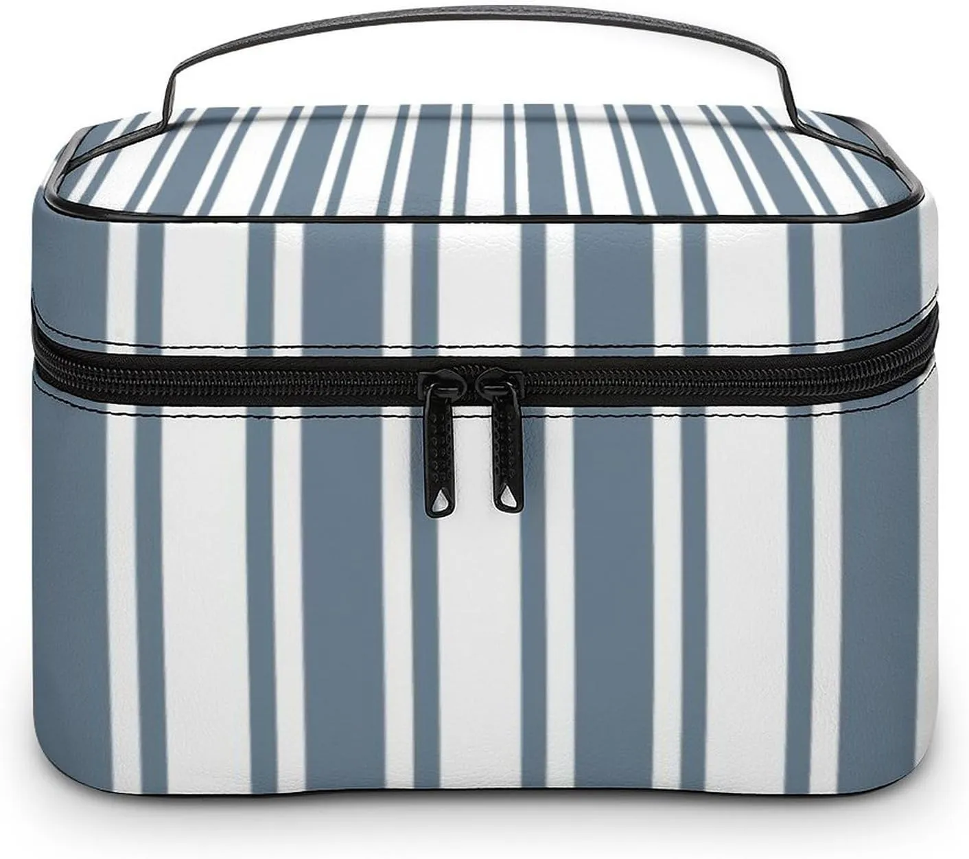 Leather Portable Makeup Bag, Blue-Grey and White Candy Stripes Travel Cosmetic Bag Makeup Organizer Case Large Capacity Zipper Toiletry Bag for Women