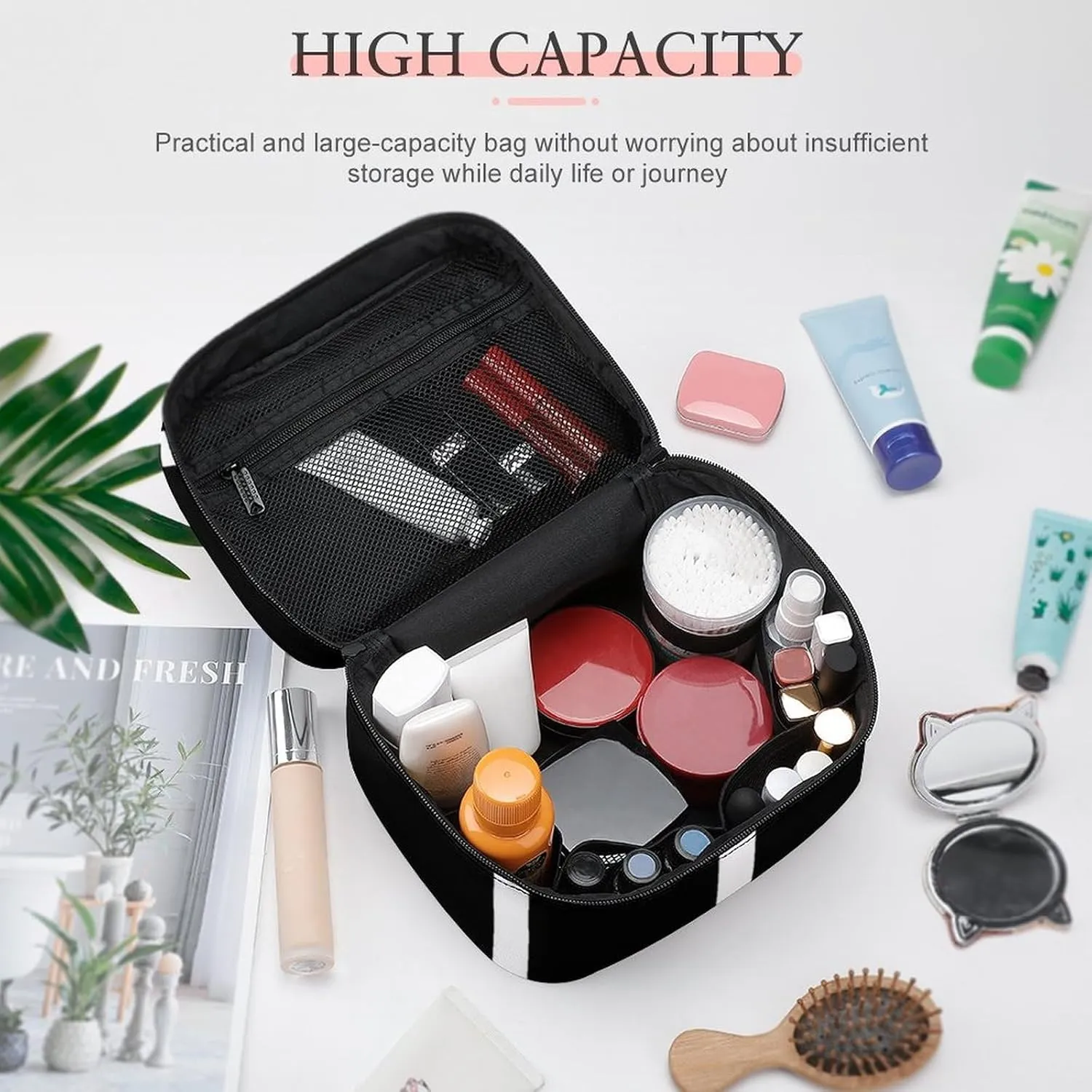 Leather Portable Makeup Bag, Classic Black White Stripes Travel Cosmetic Bag Makeup Organizer Case Large Capacity Zipper Toiletry Bag for Women