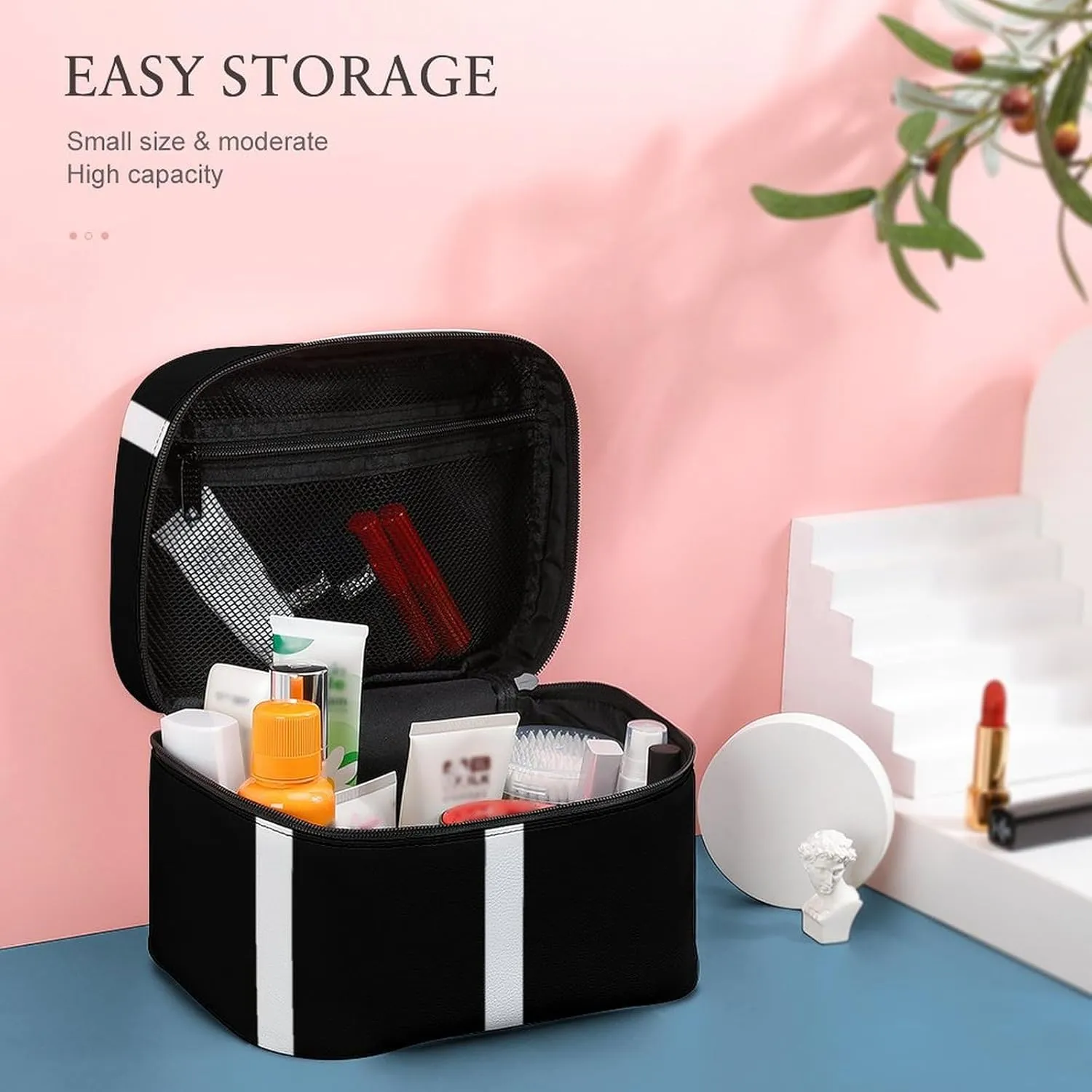 Leather Portable Makeup Bag, Classic Black White Stripes Travel Cosmetic Bag Makeup Organizer Case Large Capacity Zipper Toiletry Bag for Women