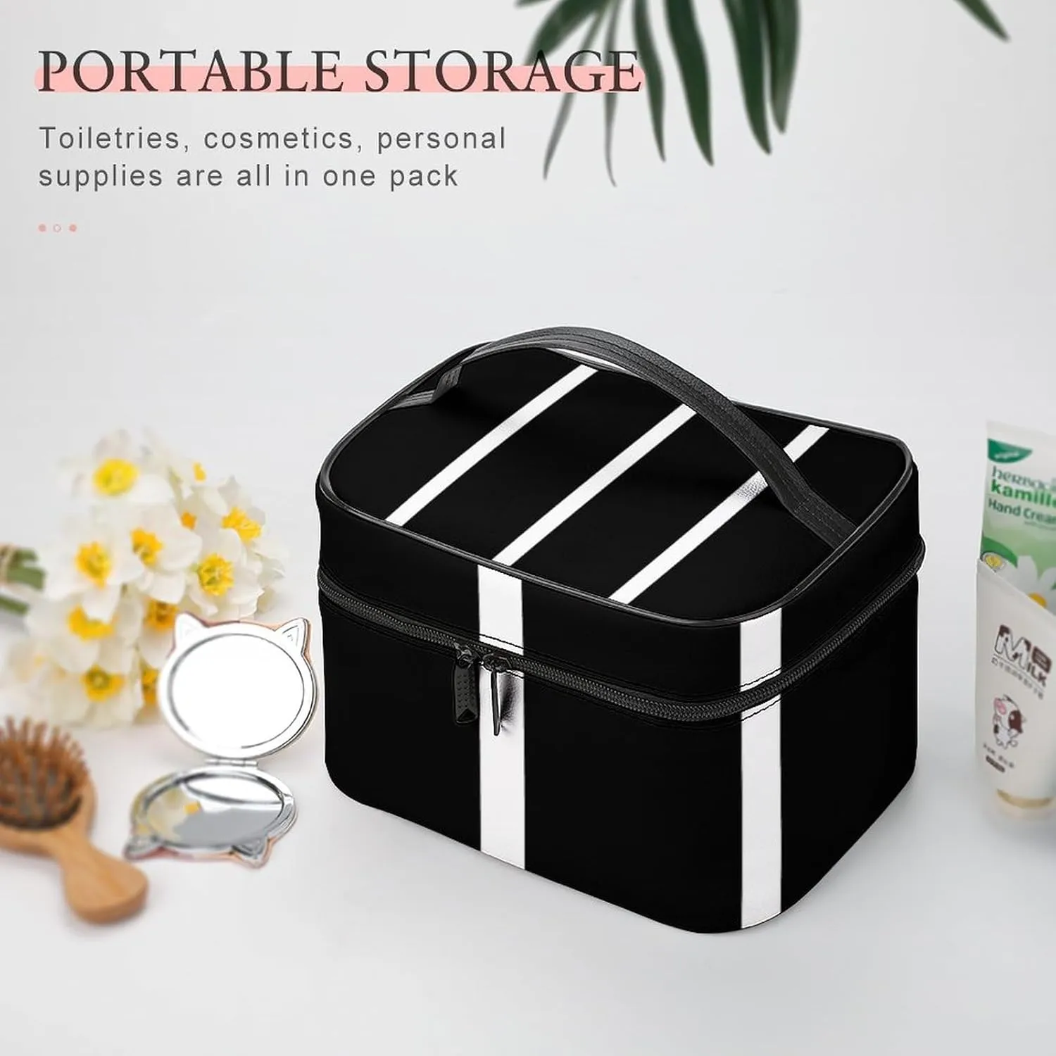 Leather Portable Makeup Bag, Classic Black White Stripes Travel Cosmetic Bag Makeup Organizer Case Large Capacity Zipper Toiletry Bag for Women