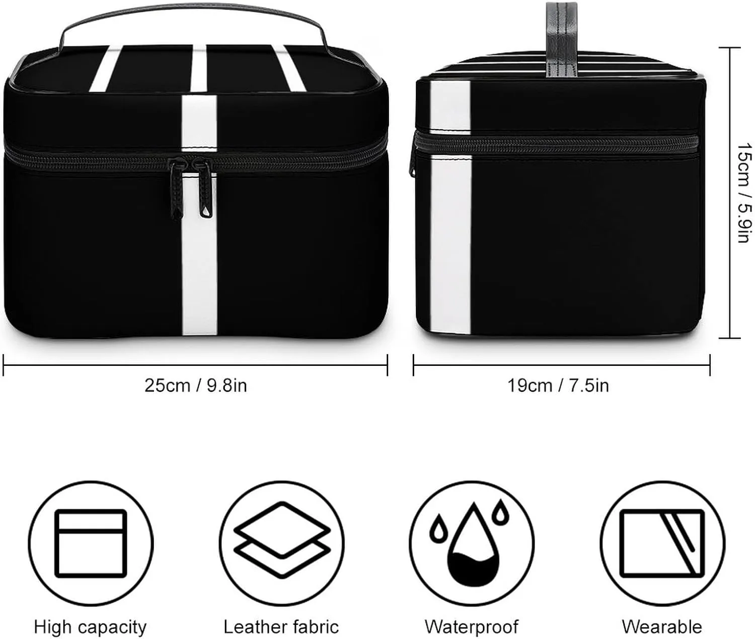 Leather Portable Makeup Bag, Classic Black White Stripes Travel Cosmetic Bag Makeup Organizer Case Large Capacity Zipper Toiletry Bag for Women
