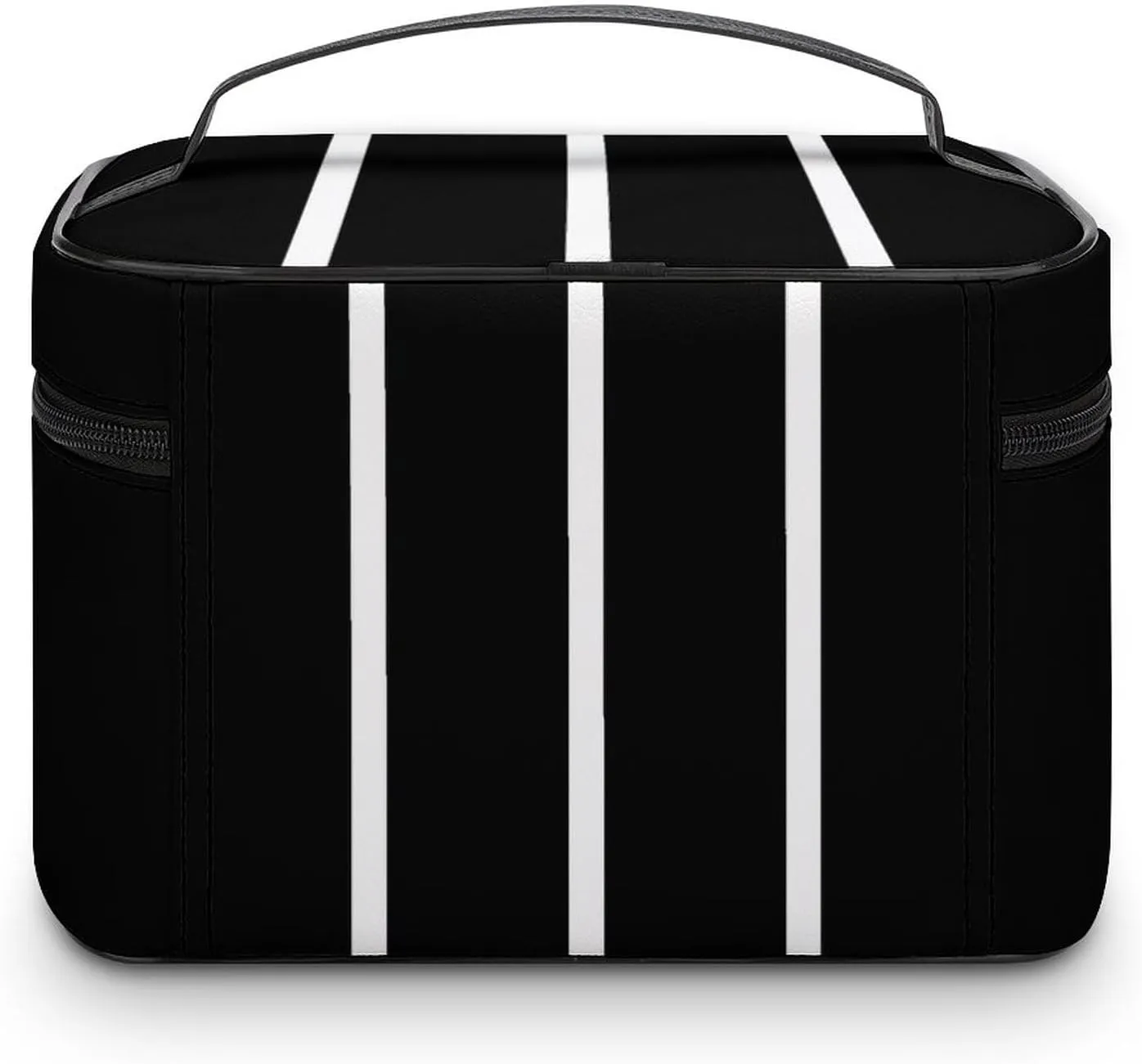 Leather Portable Makeup Bag, Classic Black White Stripes Travel Cosmetic Bag Makeup Organizer Case Large Capacity Zipper Toiletry Bag for Women