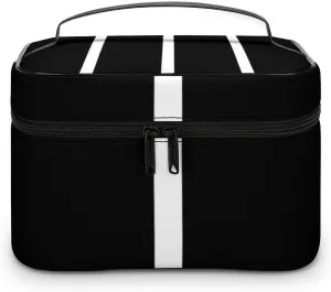 Leather Portable Makeup Bag, Classic Black White Stripes Travel Cosmetic Bag Makeup Organizer Case Large Capacity Zipper Toiletry Bag for Women