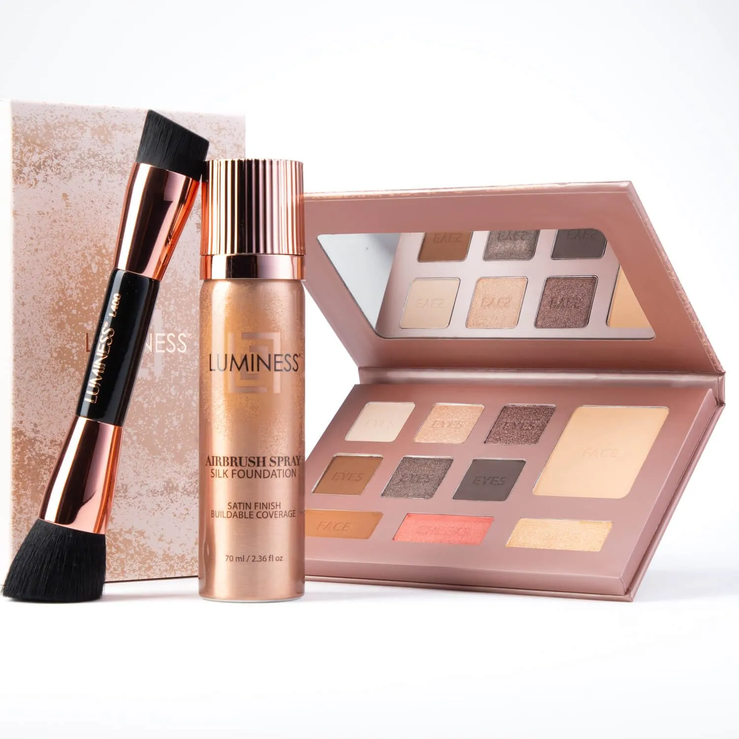 LUMINESS Face Time All In One Makeup Kit - Includes Face Palette, Airbrush Foundation, and Makeup Brush - Long-Wearing, Silky, Soft, Easy to Blend, 3-PC Make Up Set (02 - Fair)