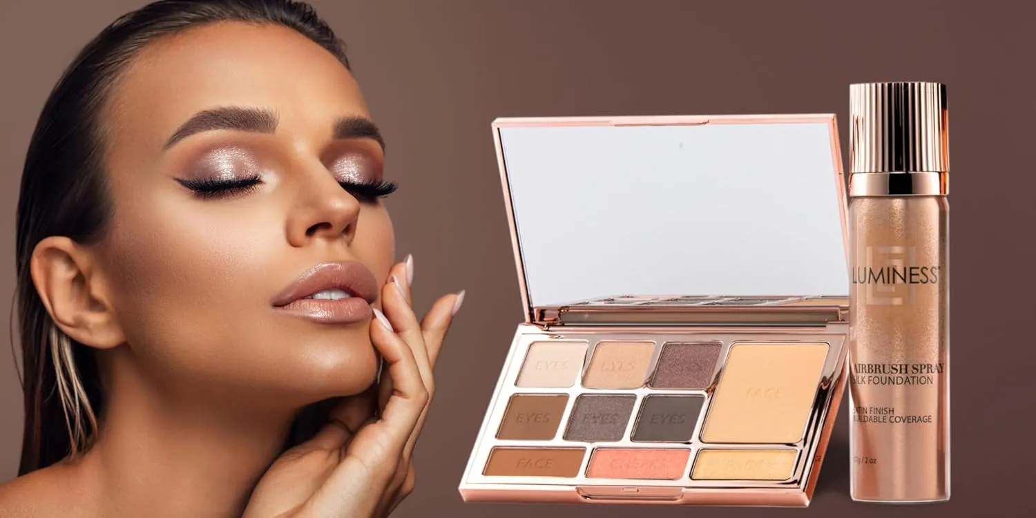 LUMINESS Face Time All In One Makeup Kit - Includes Face Palette, Airbrush Foundation, and Makeup Brush - Long-Wearing, Silky, Soft, Easy to Blend, 3-PC Make Up Set (02 - Fair)