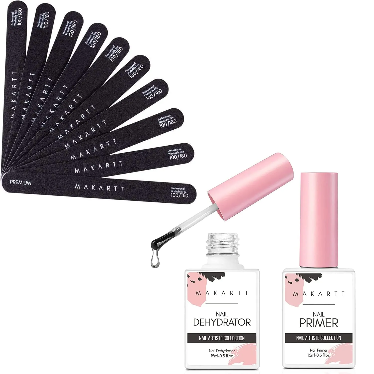 Makartt Nail File 100 180 Grit Emery Boards for Nails Bundle with Nail Dehydrator and Primer Set, Acid Free Air Dry Professional Long-Lasting Nail Prep Nail Primer