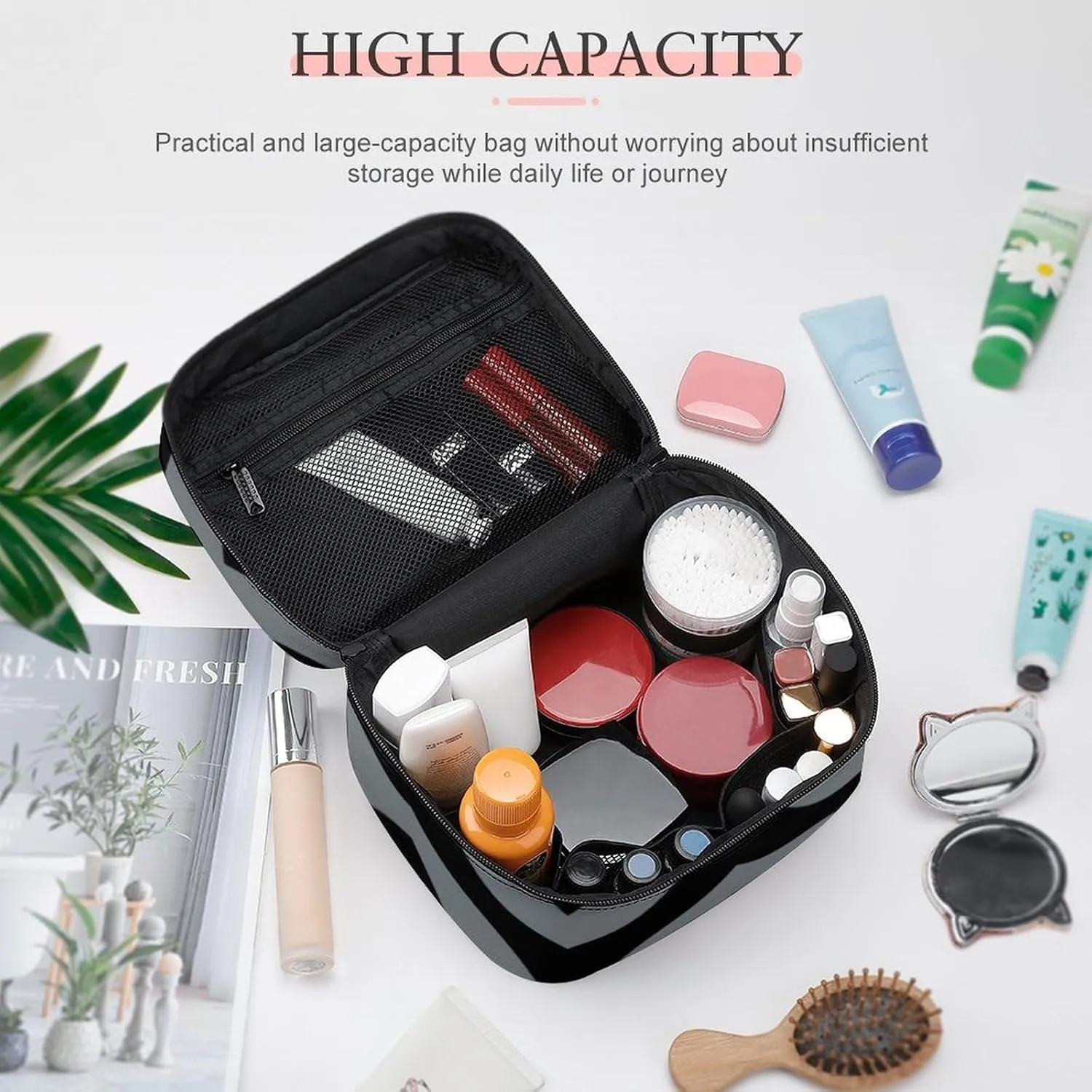 Makeup Bag, Black, Charcoal Large Chevron ZigZag Pattern Travel Cosmetic Bag Makeup Organizer Case Large Capacity Portable Zipper Toiletry Bag for Women