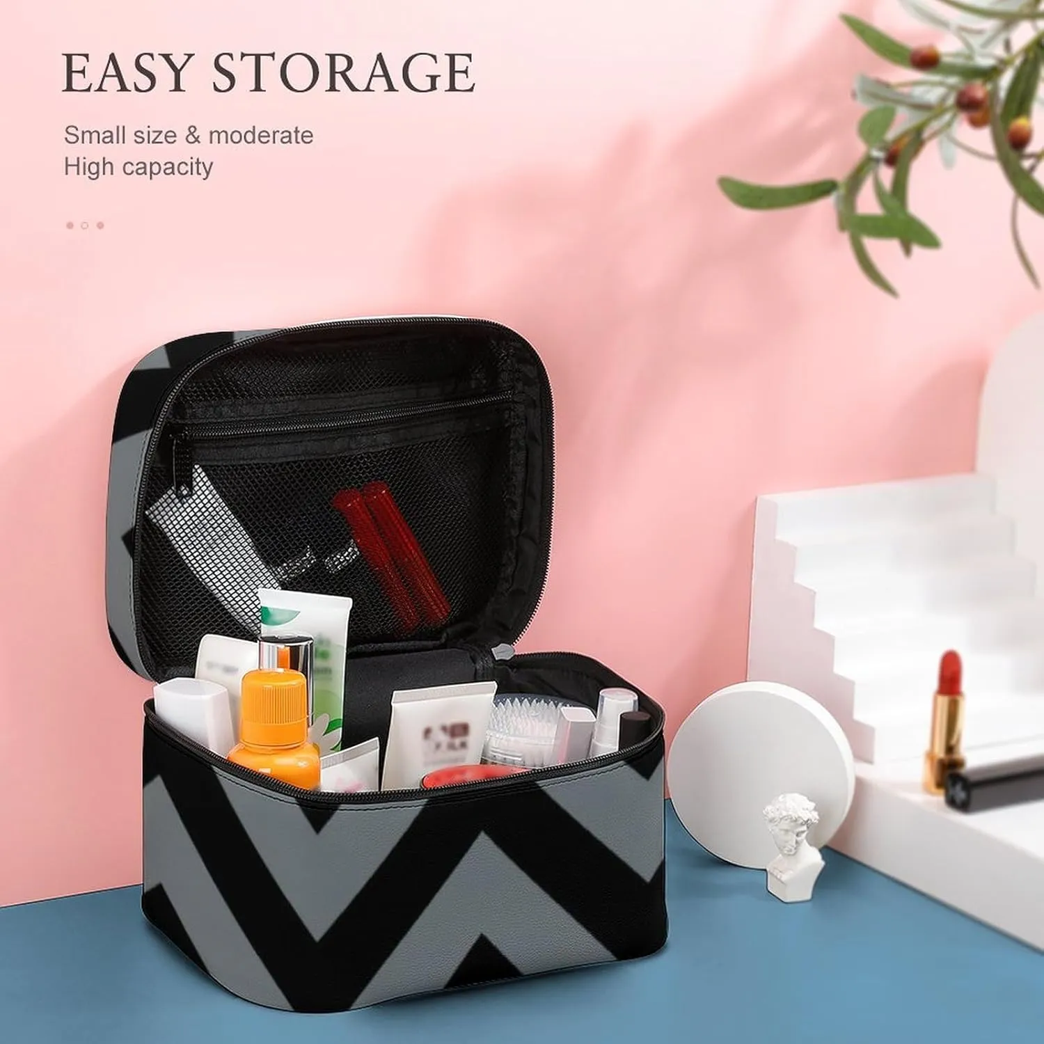 Makeup Bag, Black, Charcoal Large Chevron ZigZag Pattern Travel Cosmetic Bag Makeup Organizer Case Large Capacity Portable Zipper Toiletry Bag for Women