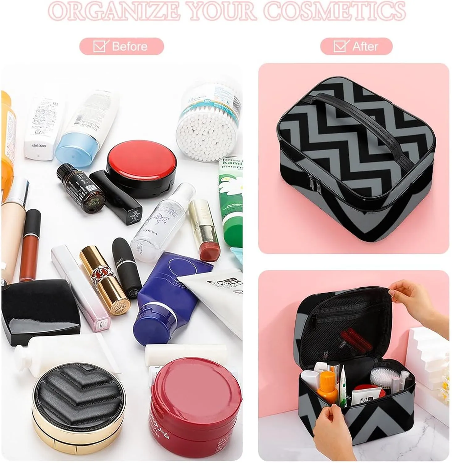 Makeup Bag, Black, Charcoal Large Chevron ZigZag Pattern Travel Cosmetic Bag Makeup Organizer Case Large Capacity Portable Zipper Toiletry Bag for Women