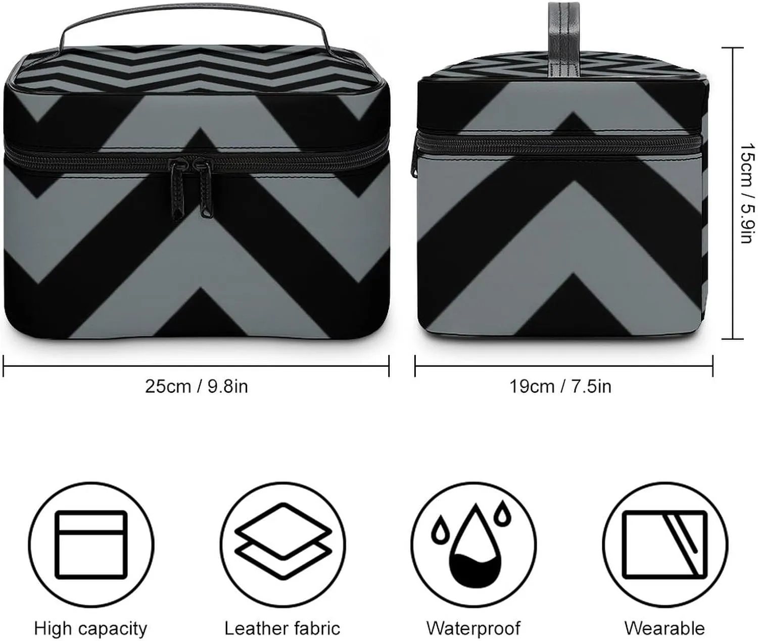 Makeup Bag, Black, Charcoal Large Chevron ZigZag Pattern Travel Cosmetic Bag Makeup Organizer Case Large Capacity Portable Zipper Toiletry Bag for Women