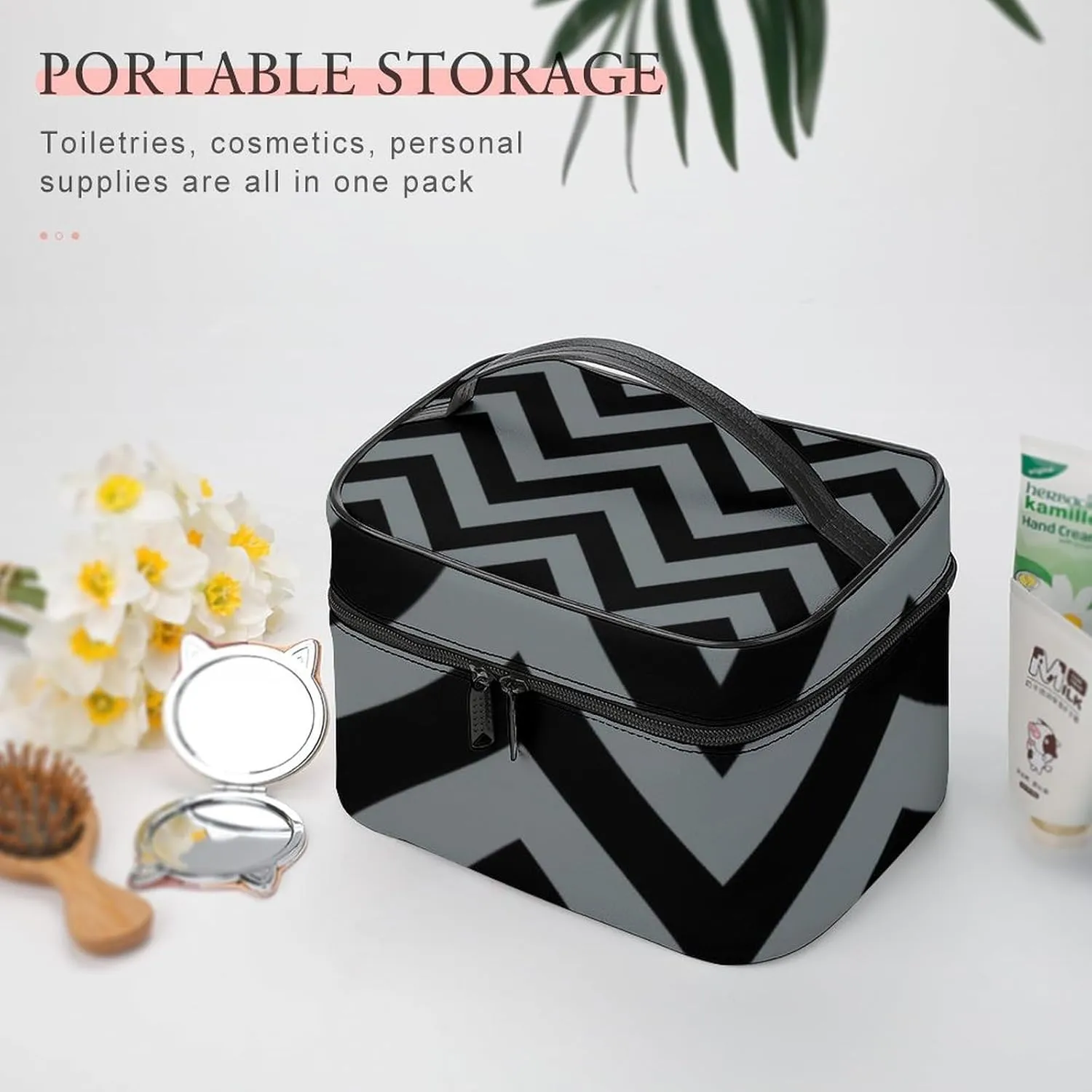 Makeup Bag, Black, Charcoal Large Chevron ZigZag Pattern Travel Cosmetic Bag Makeup Organizer Case Large Capacity Portable Zipper Toiletry Bag for Women