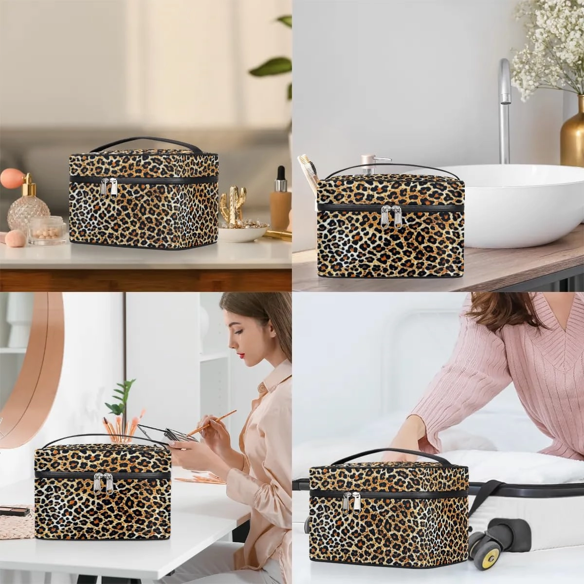 Makeup Bag Large Beautiful Leopard Print Toiletry Bag for Women Travel Cosmetic Bag Portable Makeup Bag for Bottles Brushes Lipstick Skin Care